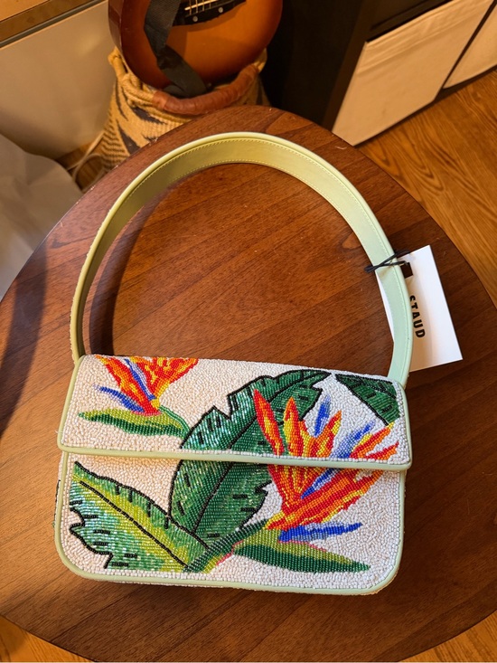 STAUD Handbags - STAUD Beaded Tropical Floral Shoulder Bag in Light Green